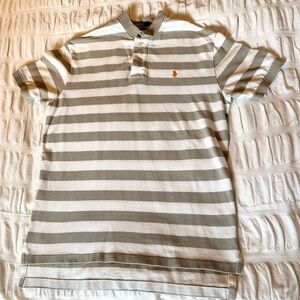 Mens Gray and White Striped Polo - Medium